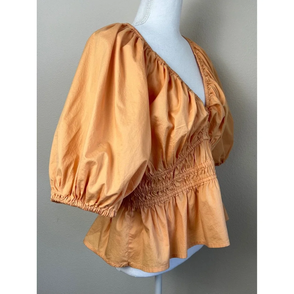 Old Navy Peach Poplin Peplum Blouse L Puff Sleeve Romantic Prairie‎ Babydoll Top